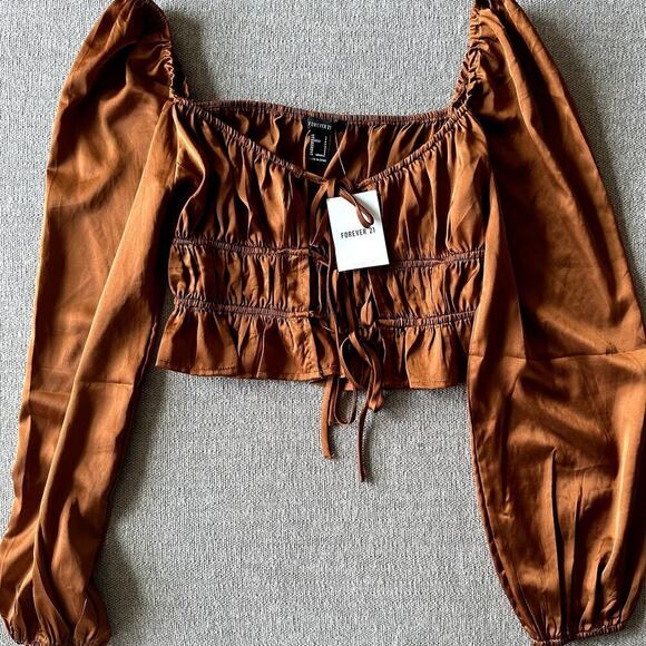 Forever 21 Tops - Forever 21 Rust Puff Sleeve Top Women S Cottagecore NWT Ruched Y2K